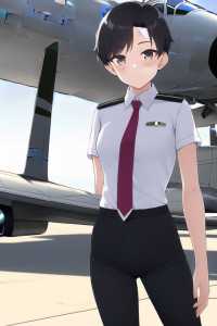 girl, very short hair, pilot uniform, white shirt, short sleeves, necktie, long black pants, standing, aircraft, full view, looking at viewer,  s-2975811651.png
